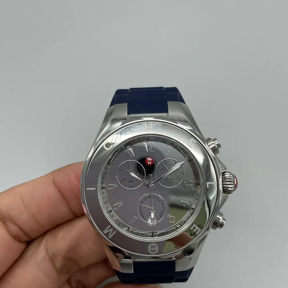 Michele Tahitian Womens Watch 41mm Silver Tone Chrono Blue Rubber New Battery